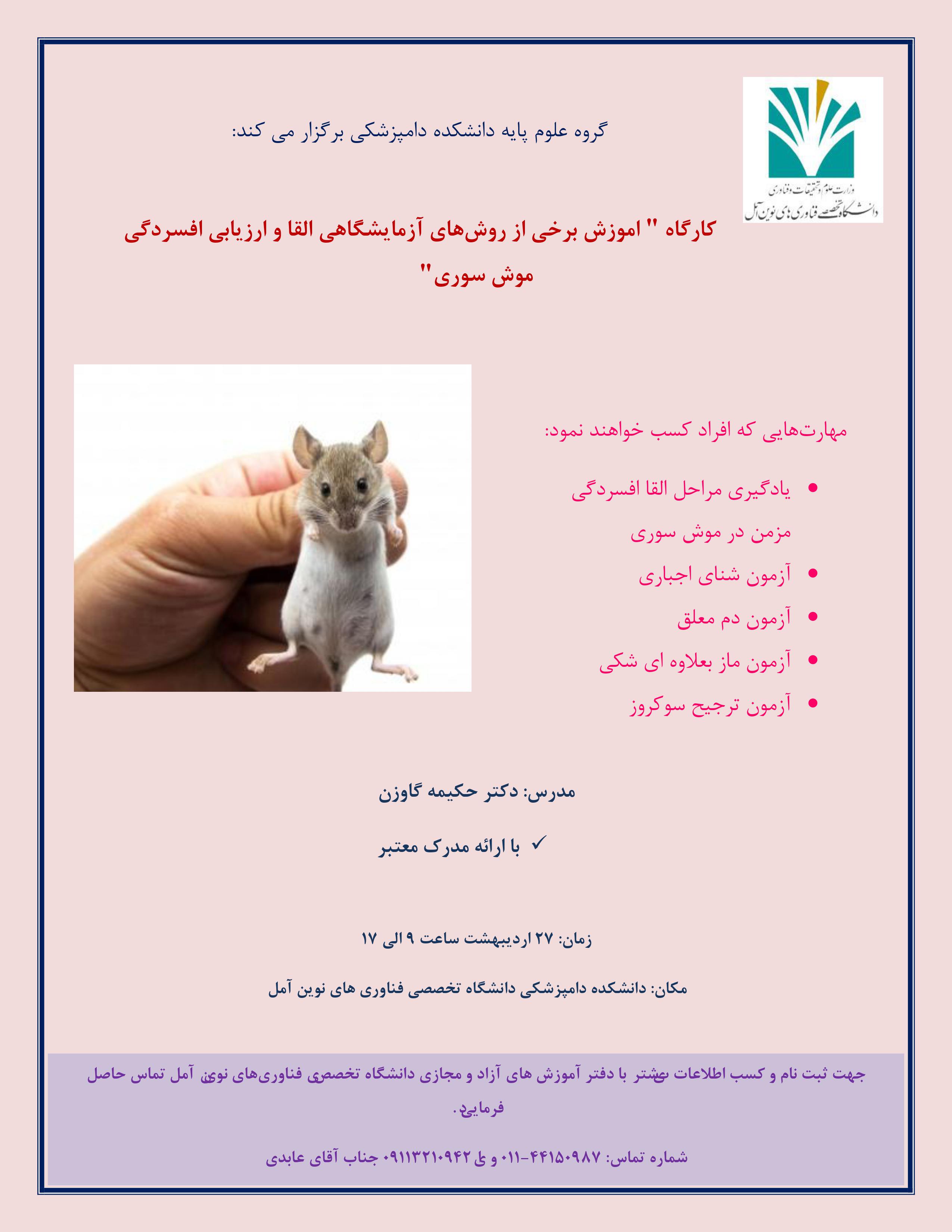 برگزاری کارگاه آموزش برخی از روش های آزمایشگاهی القا و ارزیابی افسردگی در موش سوری